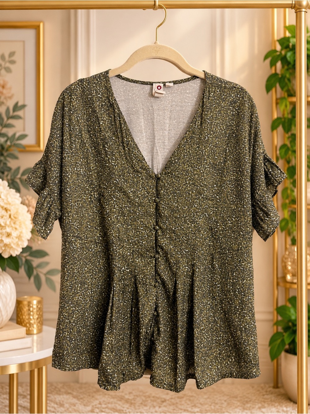 Anthropologie Dolan Mitzi Blouse M Olive Ruffle Sleeve Peplum Style 172761
